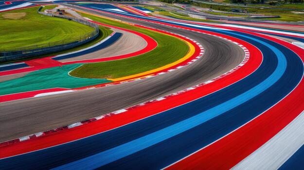 Aerial View of a Racing Circuit with Multicolored Run-Off Areas and Greenery photo