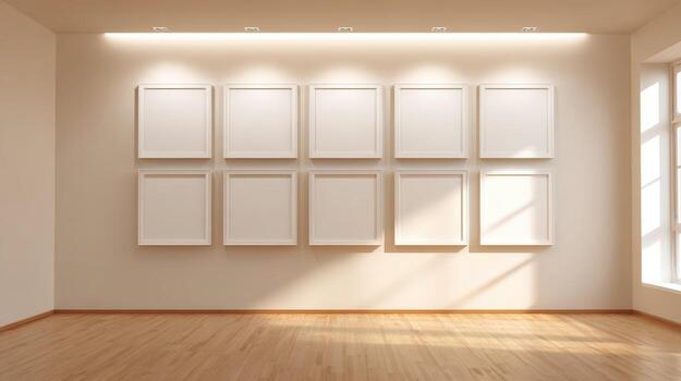 Gallery Wall with Empty Frames in Minimalist Interior, Ready for Art or Photography Mockups photo