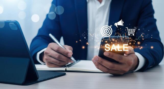 Businessman Analyzing Sales Data on Mobile Phone with Augmented Reality Interface and Taking Notes for Marketing Strategy photo