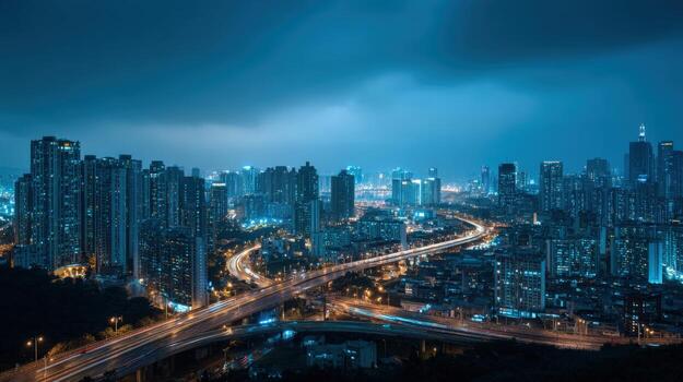 Night Cityscape Aerial View with Illuminated Highways and Modern Architecture in a Vibrant Metropolis photo