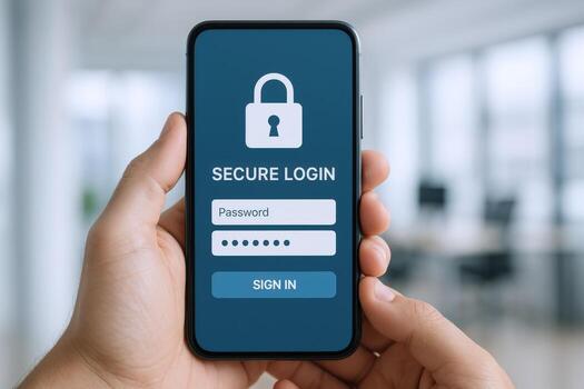 seguro iniciar sesión en móvil teléfono monitor autenticación, ciber seguridad y datos proteccion concepto foto