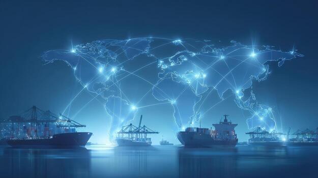 Global Logistics Network Cargo Ships at Port with Worldwide Distribution Connections Visualization photo