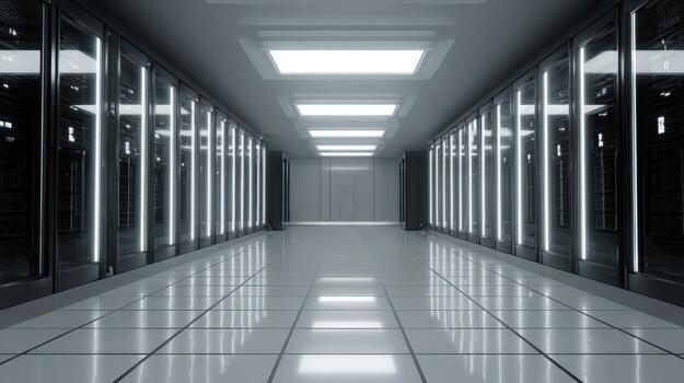 Data Center Corridor with Server Racks and Reflective Tiled Floor for IT Infrastructure photo