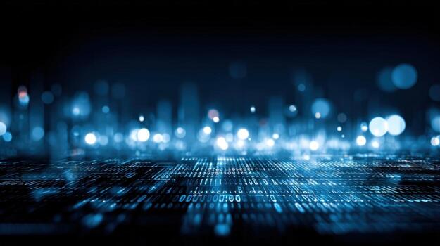 Digital Cityscape Futuristic Technology Background with Binary Code and Abstract Light, Representing Data and Innovation photo