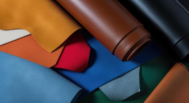 Various colorful leather pieces neatly rolled and stacked, ideal for craftsmanship and textile design projects photo