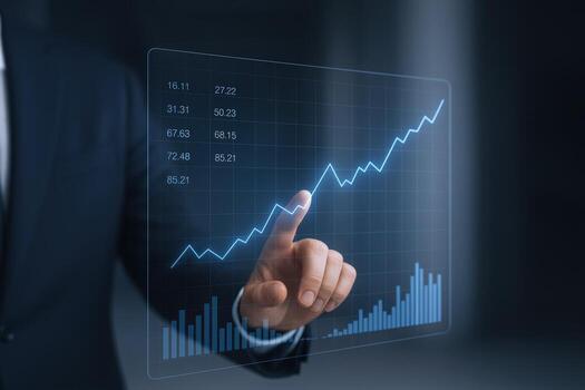 Business Growth Concept Businessman Analyzing Increasing Financial Data and Stock Market Trends on Interactive Screen photo