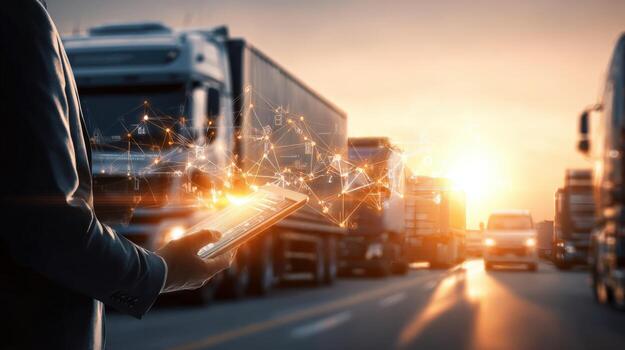 Logistics Manager Using Digital Tablet for Fleet Management and Tracking, Enhancing Supply Chain Operations photo