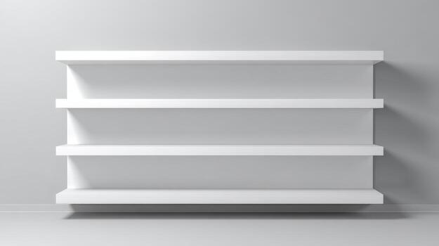 Clean White Empty Shelves on a White Wall Offering Versatile Product Placement and Display Mockup photo