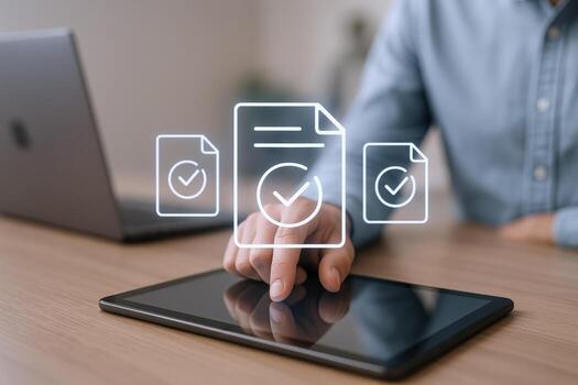Digital Document Management Concept Man Interacting with Digital Files on Tablet for Workflow Automation photo
