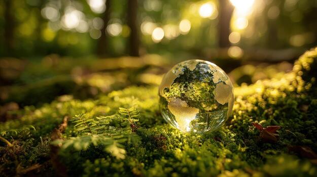 Ecological World Globe Resting on Mossy Ground in Lush Forest, Concept for Earth Day and Conservation photo