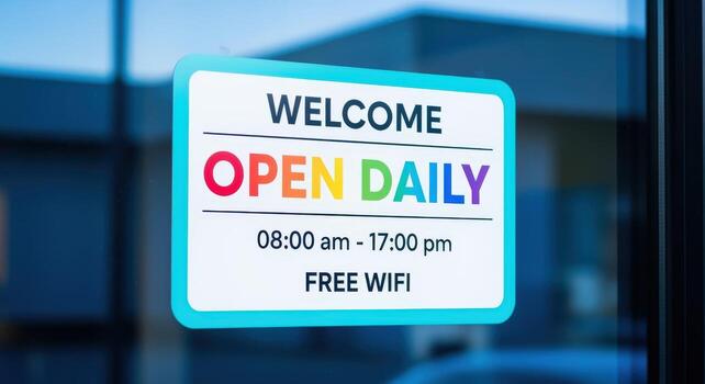 Open Daily Sign on Glass Door Indicating Business Hours and Free WiFi Access photo