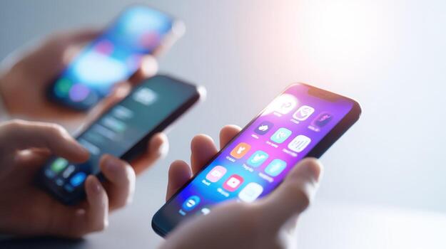 Three people using smartphones with vibrant screens, showcasing mobile technology and digital connectivity in a bright setting photo