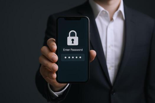 Man in Suit Holding Smartphone Displaying Password Lock Screen for Mobile Security photo
