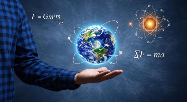 Conceptual Image of Physics Principles Showing Gravitys Influence on Earth and Atomic Structure in Hand photo