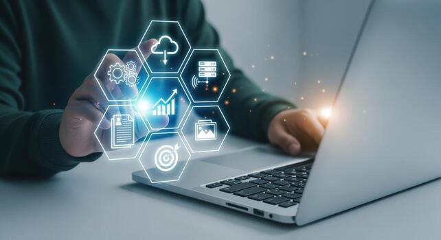 Digital Transformation Strategy Man Using Laptop with Data Icons for Cloud Computing and Analytics photo