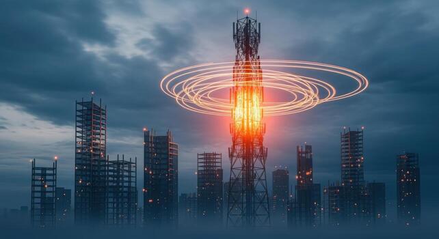 Futuristic Cityscape with Communication Tower Emitting Signal, Representing Connectivity and Modern Technology photo