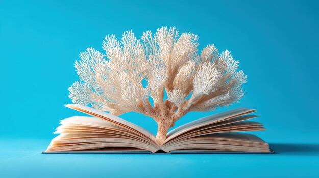 Open Book with Coral Tree Sculpture on Blue Background Knowledge, Learning, and Marine Conservation Concept photo