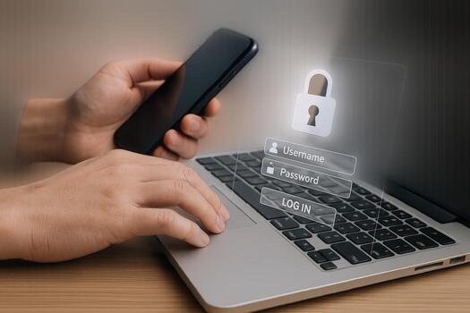 Data Protection User Accessing Laptop with Secure Login, Account Authentication, and Digital Security Measures photo
