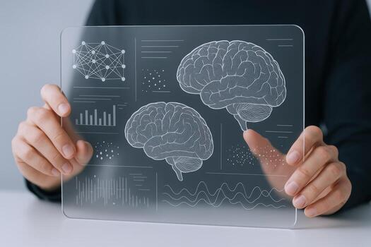 Interactive Digital Brain Interface Man Using Transparent Screen Displaying Brain Data for Healthcare Innovation photo