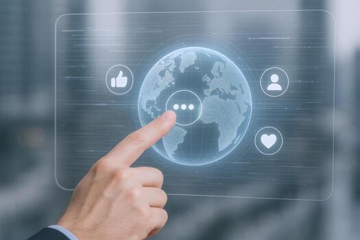 Global Networking Interface Business Professional Interacting with Futuristic Digital Touchscreen Displaying Worldwide Connection photo