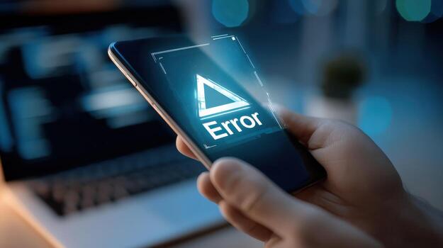 teléfono inteligente mostrando error mensaje en mano, representando técnico asuntos, software fallas, y tecnológico problemas foto
