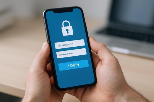 Secure Mobile Login Man Holding Smartphone with Authentication Interface for Privacy and Data Protection photo