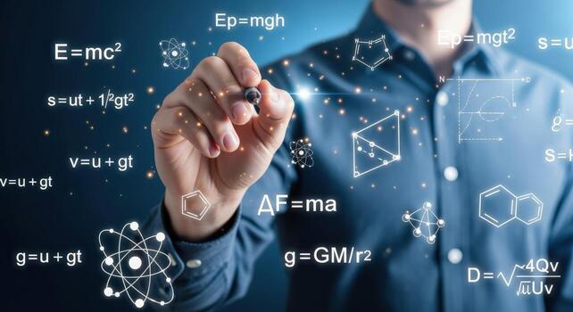 Conceptual Image of a Man Writing Scientific Formulas, Illustrating Scientific Research and Development in Various Fields photo
