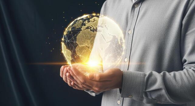 Man Holding Digital Globe Hologram Representing Global Network and Future Technologies in Dark Background photo