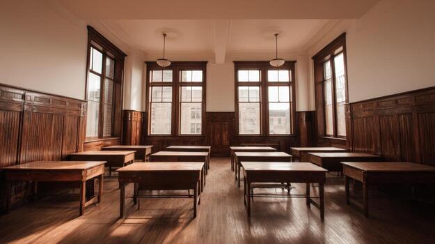 Classic Empty Classroom with Wooden Desks and Natural Light Ready for Students photo