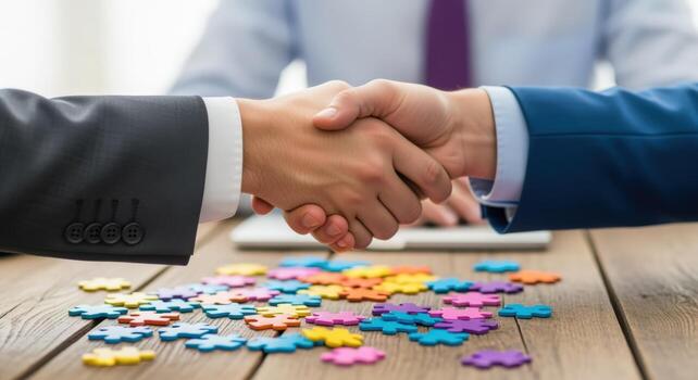 empresarios apretón de manos con vistoso rompecabezas piezas en de madera mesa, ilustrando camaradería y resolución de problemas foto