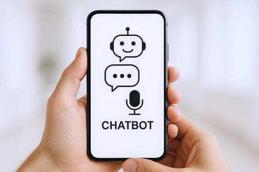 atractivo chatbot interfaz en móvil dispositivo desplegado con humano manos para moderno comunicación conceptos foto