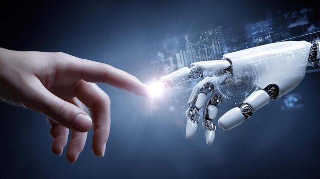 Human and Robot Hand Touching, Artificial Intelligence Concept, Future Technology Connecting, Data Visualization, Innovation photo