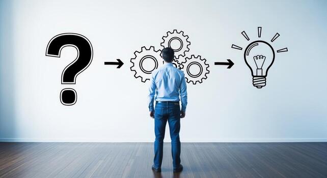 Problem Solving Process Man Facing Question Mark, Gears, and Light Bulb on Wall, Representing Solution photo