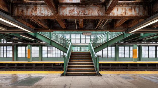 Subway Station Staircase Leading Up to Platform with Rusted Metal Beams and Industrial Design photo