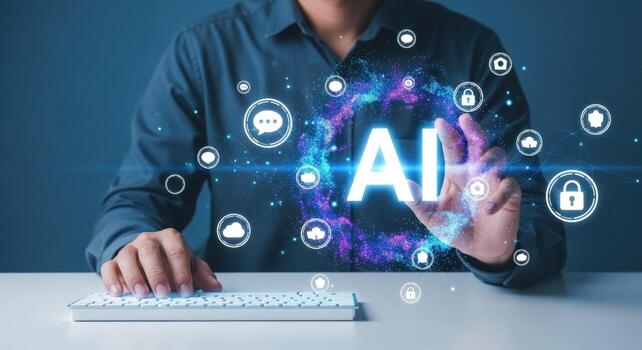 ai tecnología concepto hombre interactuando con artificial inteligencia interfaz, representando moderno digital transformación foto