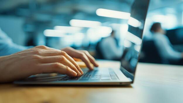 Close-up of Hands Typing on Laptop Keyboard in Modern Office Environment for Business photo