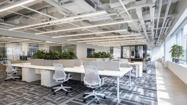 Modern Office Interior with Natural Light, Open Space, and Collaborative Work Environment photo