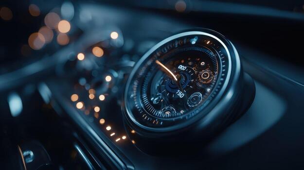 Close-up of an Intricate Futuristic Dashboard Gauge Displaying Complex Data with Bokeh Lights photo