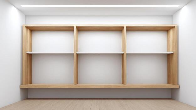 Empty Wooden Shelf Unit on White Wall Background for Interior Design Mockups and Product Display photo