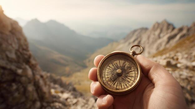 Navigational Compass Held in Hand Against Mountain Landscape, Symbolizing Exploration, Adventure, and Wayfinding on a Sunny Day photo