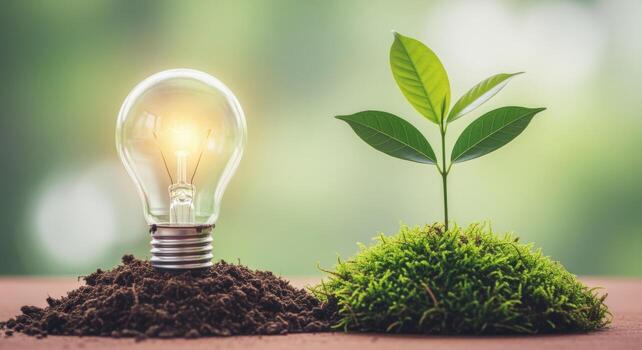 Sustainable Energy Concept Light Bulb on Soil and Sprout Growing, Representing Renewable Resources photo
