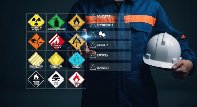 Engineer Monitoring Industrial Safety Via Augmented Reality Interface with Hazards and Environmental Considerations in Futuristic Technology photo