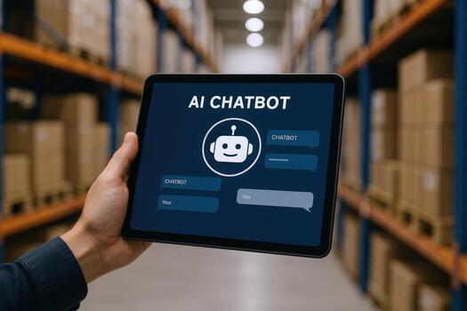 AI Chatbot on Tablet Displayed in Warehouse Setting, Illustrating Automation and Modern Logistics Solutions photo