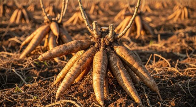 Harvested Cassava Roots on a Farm Field Ready for Processing into Food and Tapioca Starch photo