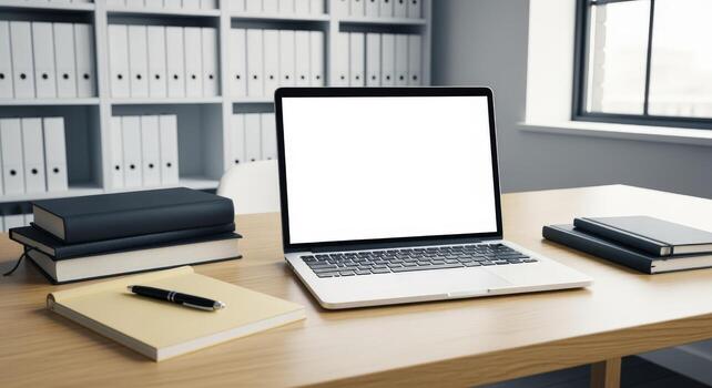 Laptop with Blank Screen Display on Wooden Desk in Minimalist Office Setting Mockup photo