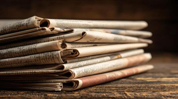 Pile of Folded Newspapers Stacked on Wooden Table, Representing News, Information, and Communication Concepts photo