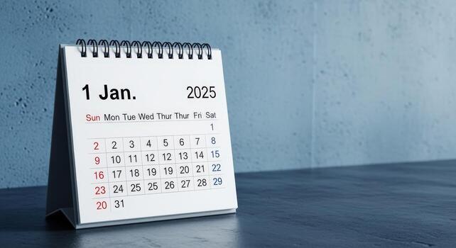 January 1, 2025 Calendar Displayed on Desk, New Year Date Reminder, Schedule Planning and Organization photo