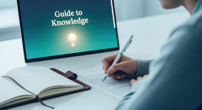 Person Studying Guide to Knowledge on Laptop with Notepad, Taking Notes for Learning photo