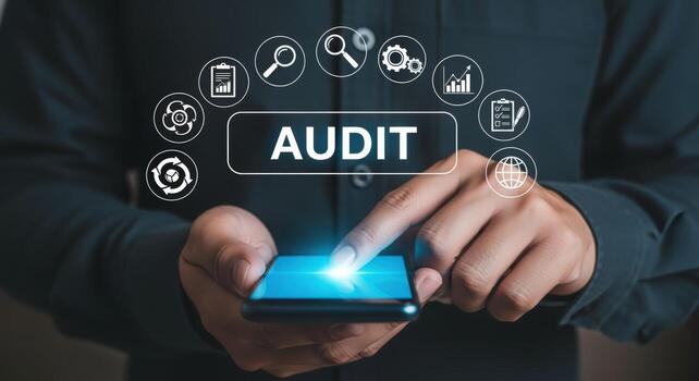 Financial Audit Concept Man Interacting with Digital Interface on Smartphone for Business Analysis photo