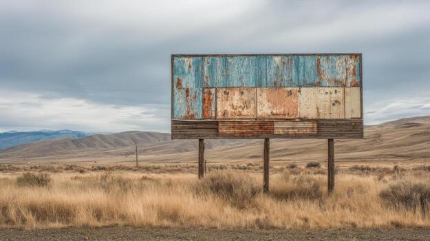 Weathered Billboard in Arid Landscape, Rustic Sign Structure with Mountains Under Cloudy Sky photo